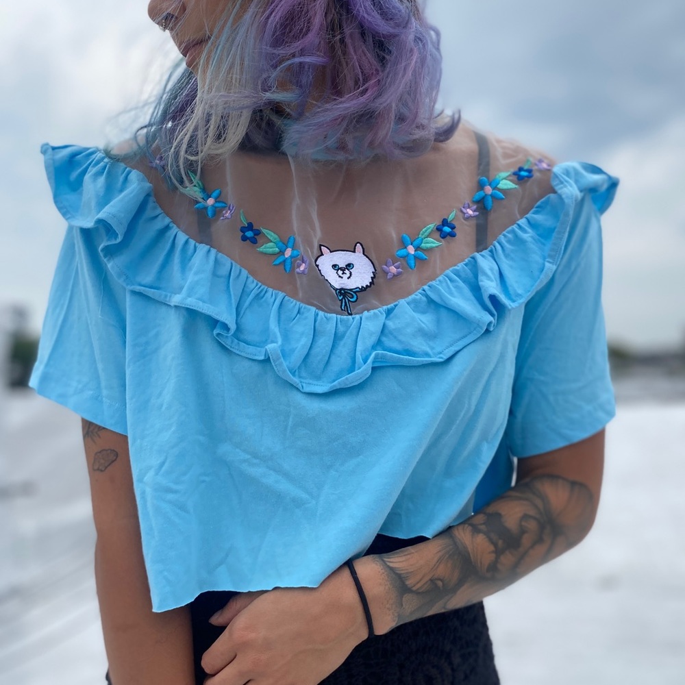 Lazy Oaf cat mesh ruffle tee